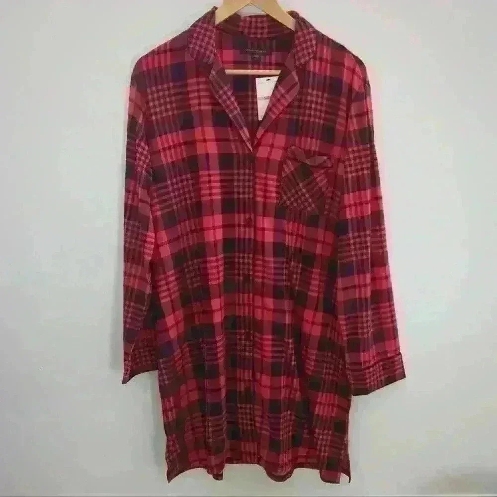 DONNA KARAN | Women's Super Soft Red/Black Plaid Button Up Nightgown